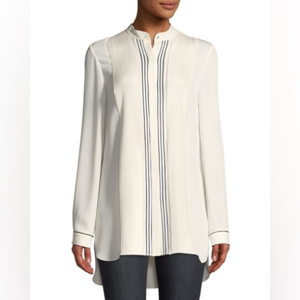 Elie Tahari Cream Long-Sleeve Pleated Silk Buttoned Tunic/Blouse with Navy Trim